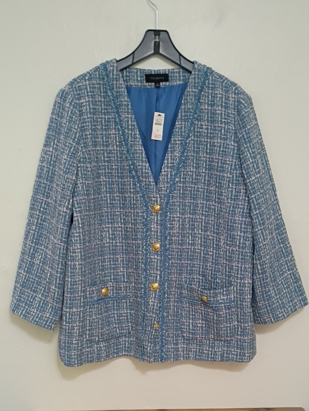 Talbots Blue Tweed V-neck Button Front Blazer Jacket Size 16 NWT